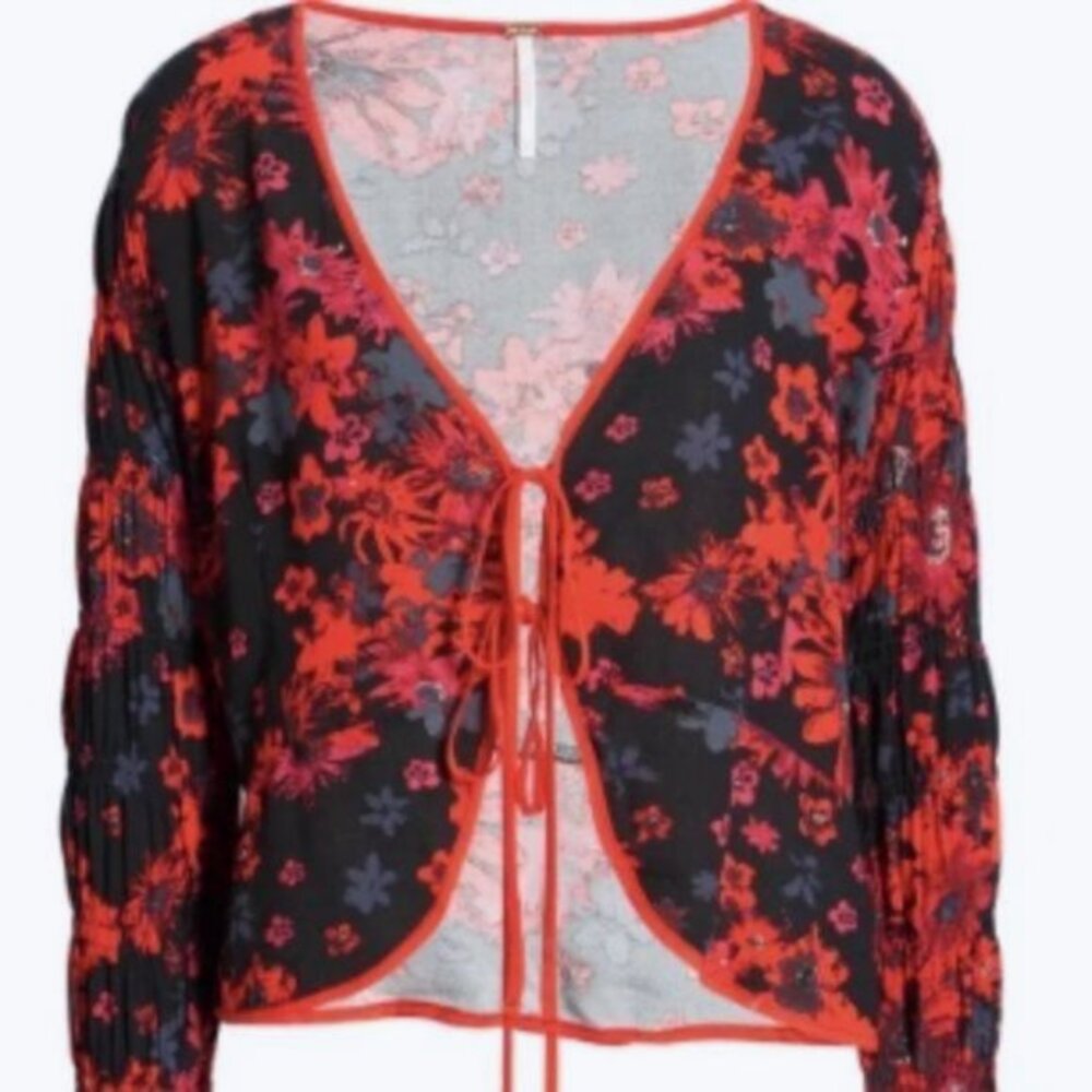Free People Black Floral Tie-Front Blouse with Red & Purple Accents